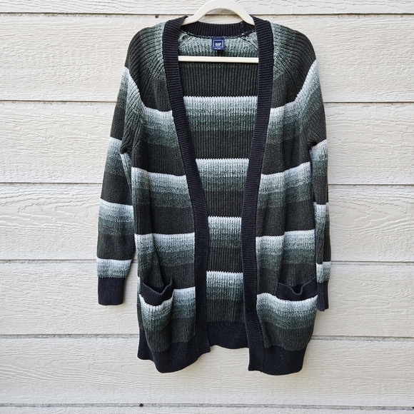 Gap long line green ombre stripe open front cardigan large - Picture 1 of 6